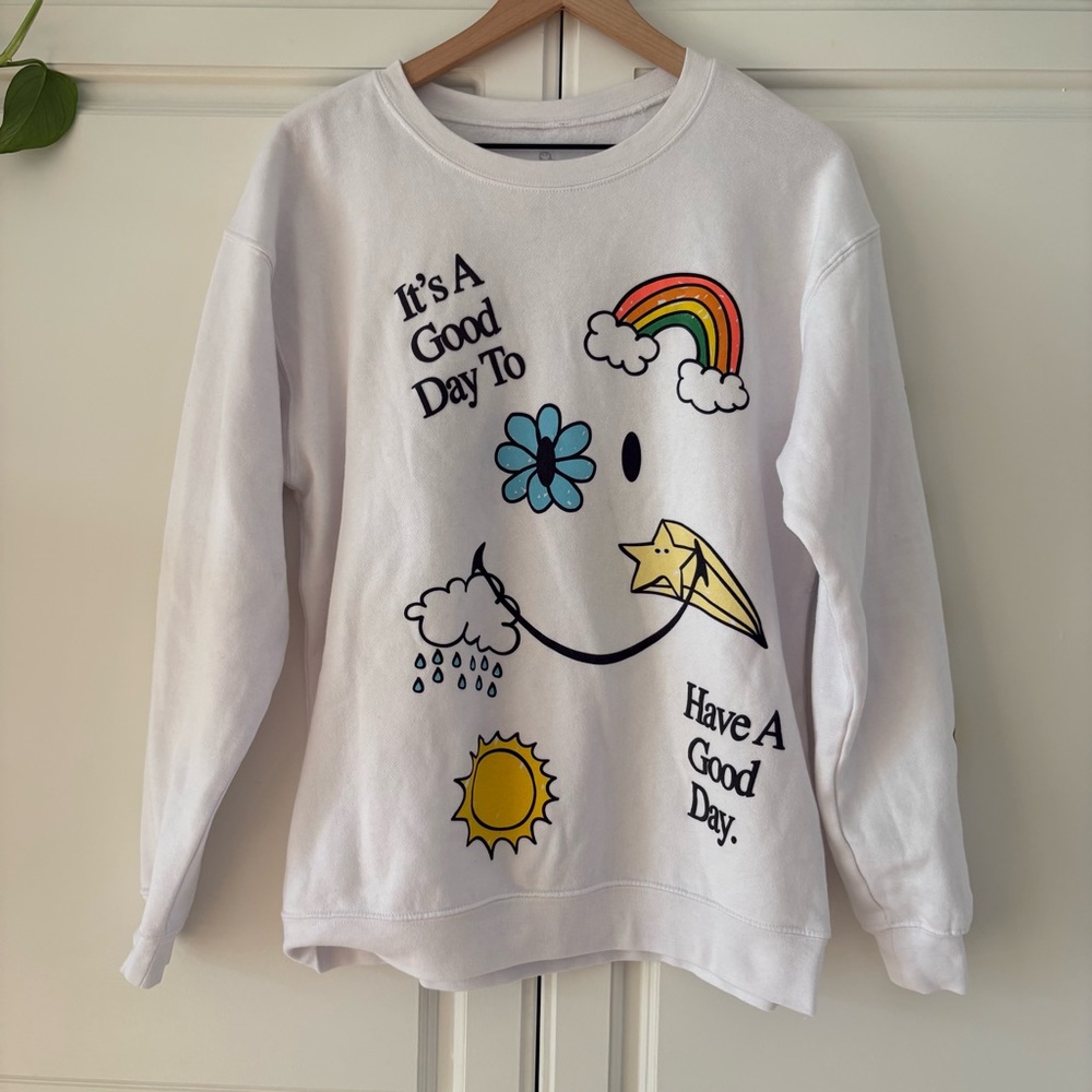 Smiley Small Doodle White Sweatshirt Good Day Rainbow Globe Stars